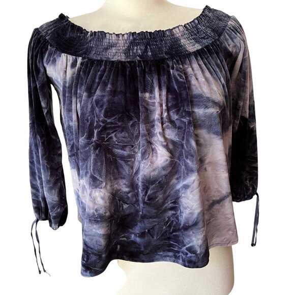 American Eagle Outfitters Velour Peasant Blouse Sz Small Blue Velvet Tie Dye - Picture 9 of 9